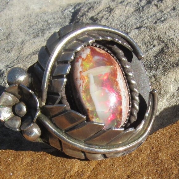 Rare High Horse Silver Exquisite Custom Huge Flashy Mexican Fire Opal Ring .925 - Picture 1 of 14